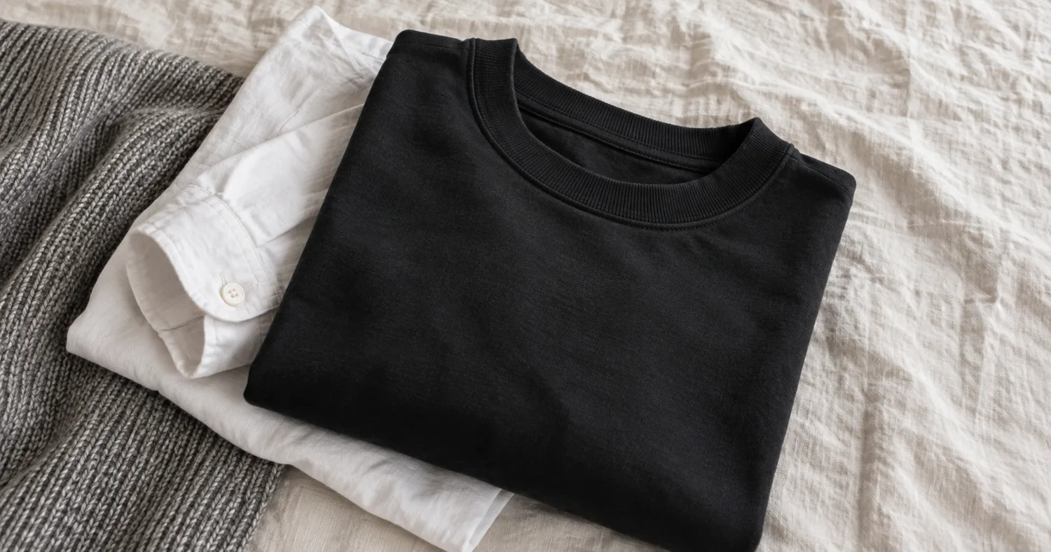 生成りのリネンの上に重ねて置いた黒の厚手Tシャツ、白のシャツ、グレーのニット