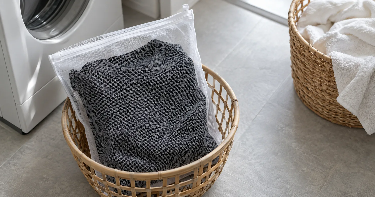 かごの中で袋に入れた黒のスウェットと、別のかごに分けた白いタオル