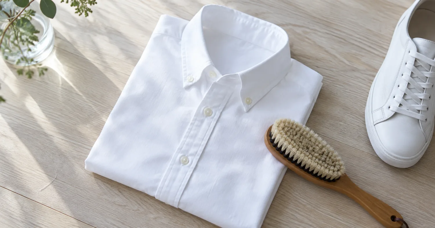 テーブルにたたんだ白のシャツと、洋服ブラシ、白のレザースニーカー