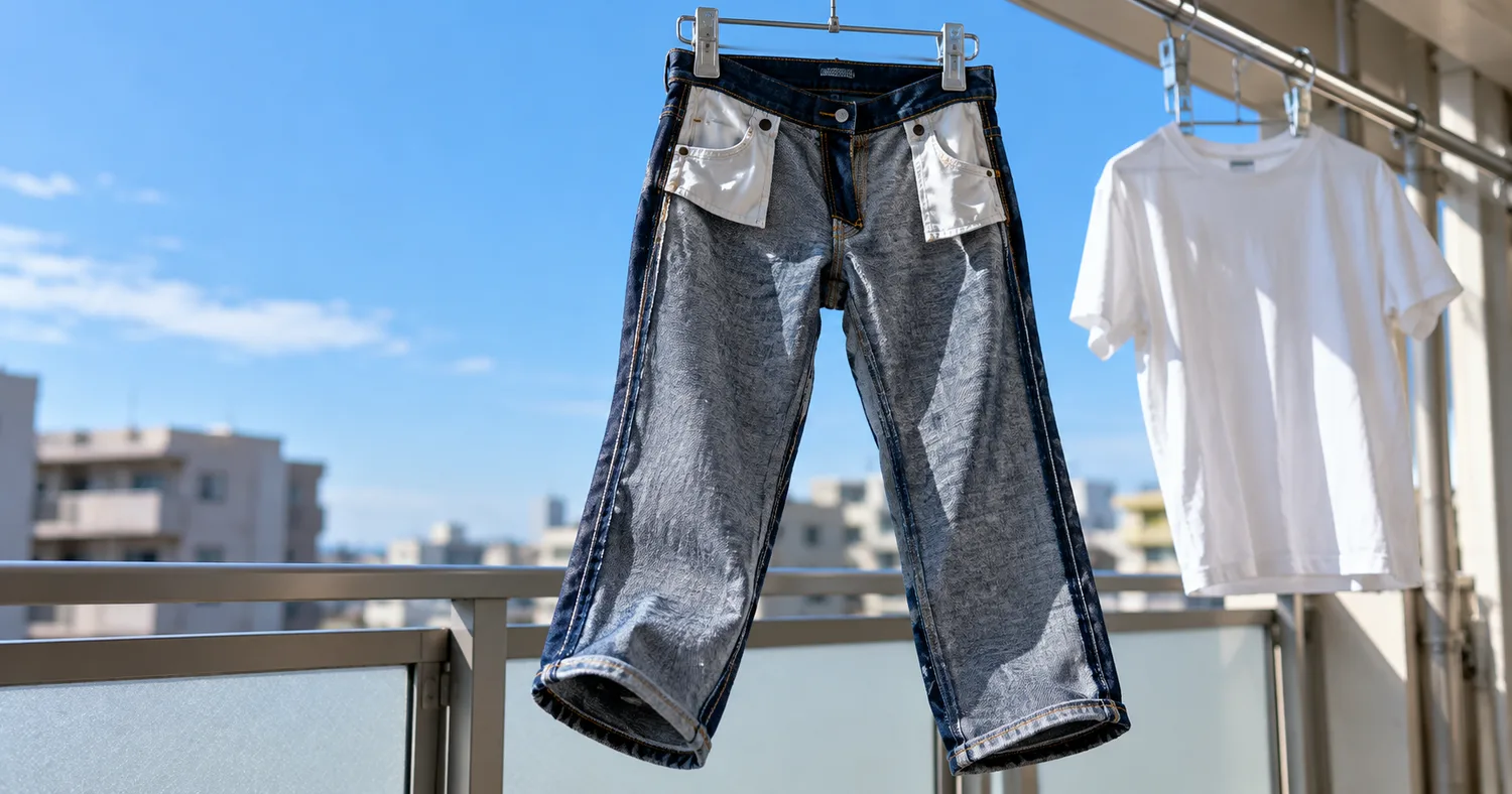 ベランダの物干しに裏返して吊るしたインディゴのジーンズと、隣に干した白のTシャツ