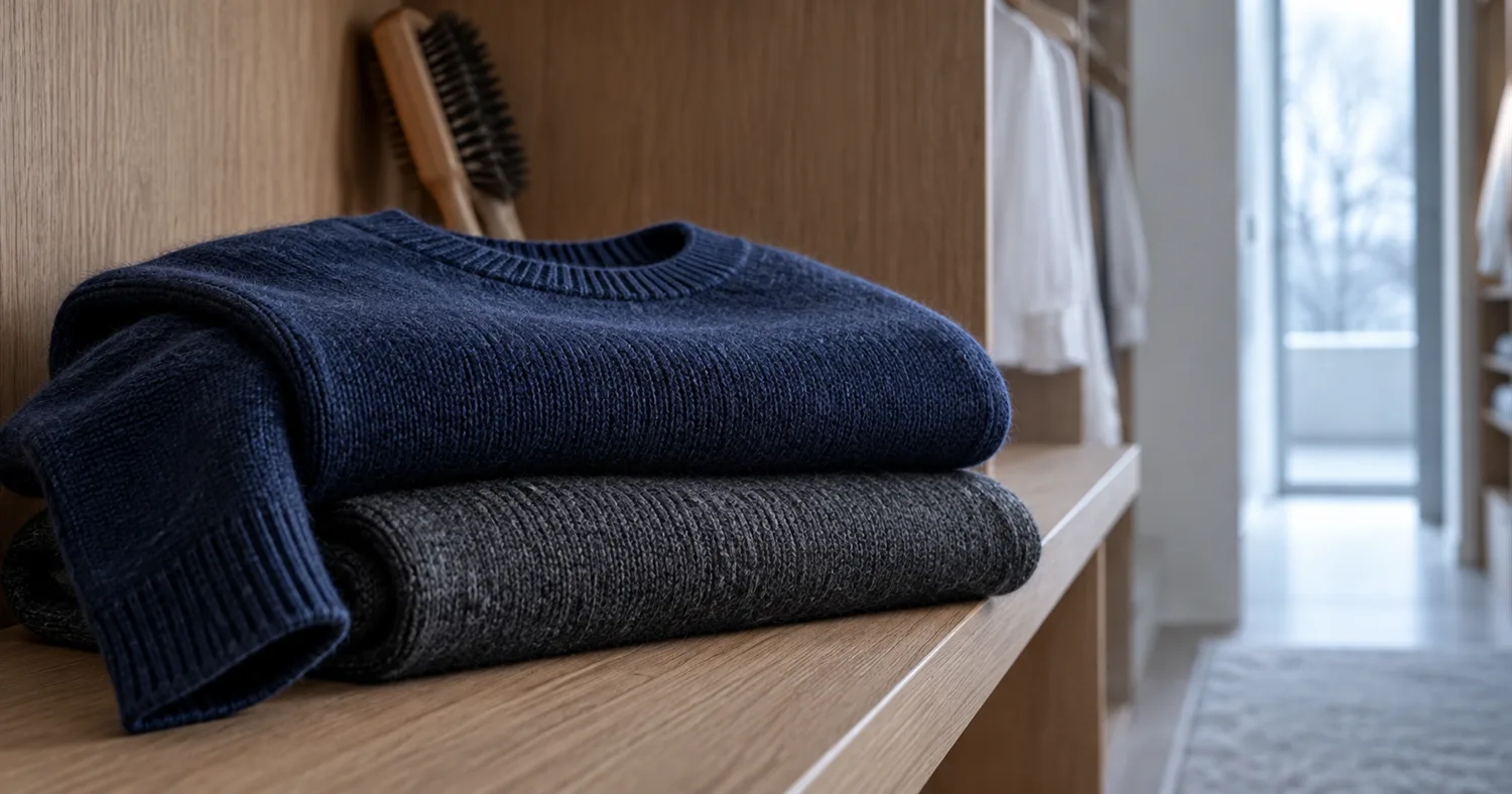 棚にたたんだネイビーとグレーのニットと洋服ブラシ