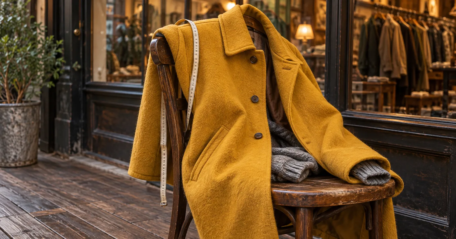 古い洋服店の店先の木の椅子に掛けたマスタードイエローのウールコート。内側からグレーのニットの袖がのぞき、肩に巻き尺がかかっている