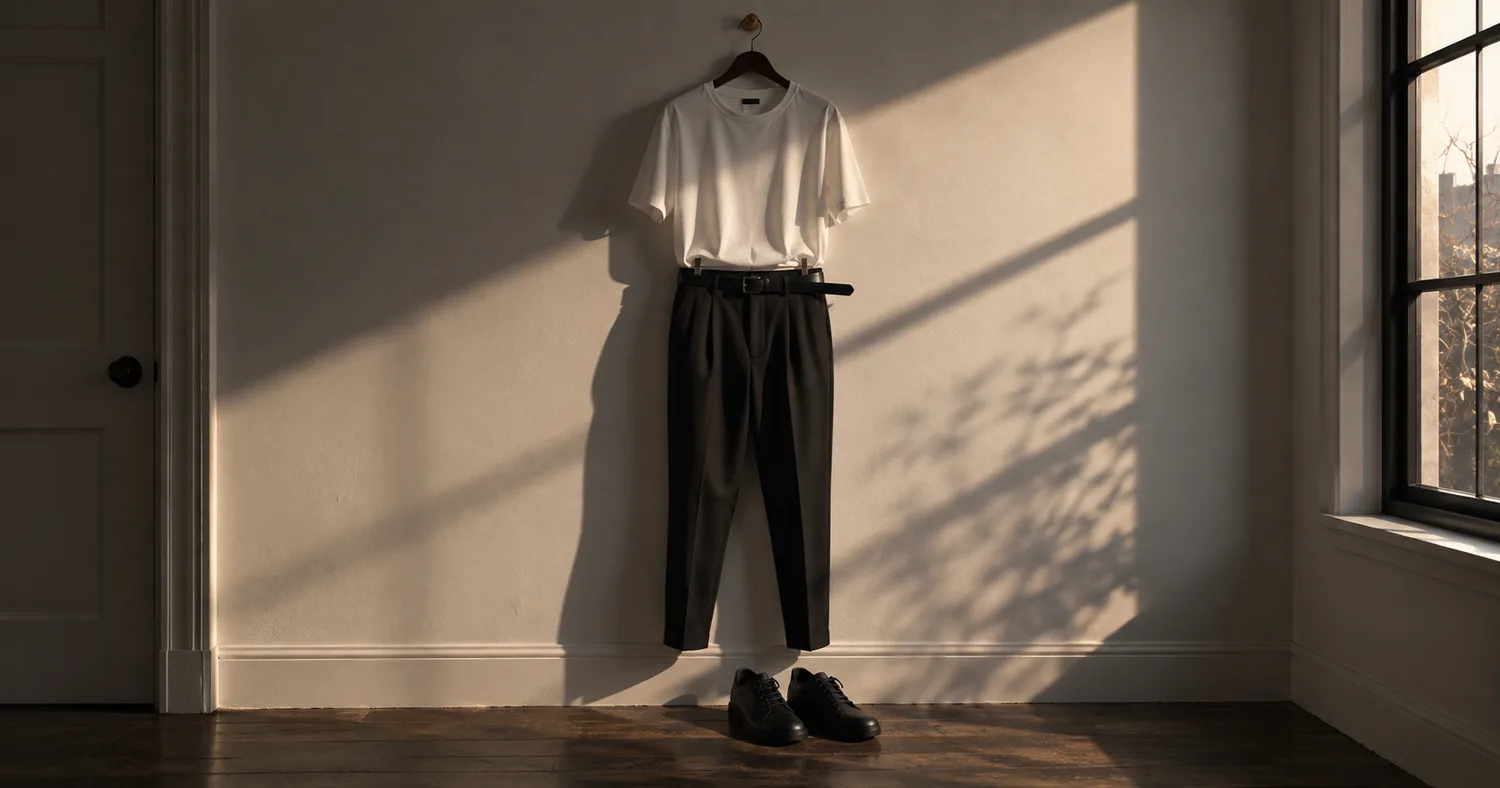 壁に吊るした白のTシャツと、黒の細いベルトを通した黒のパンツ、足元の黒のレザースニーカー