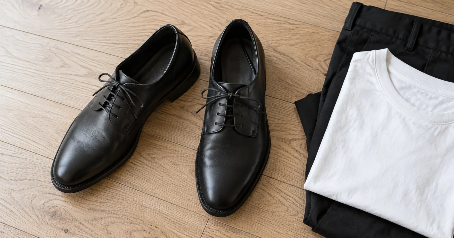 木の床に置いた黒のレザーシューズと、たたんだ白のTシャツと黒のパンツ